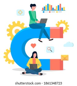 Attraction customers, developing social websites, increase popularity of site in internet, social media, analysing consumer demands, coder, programmer, seo experts with laptops, big magnet, cogwheels