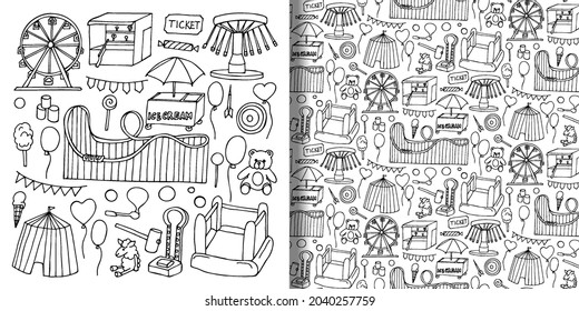 Attraction doodle objects set and seamless pattern