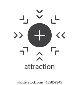Attraction glyph icon. Silhouette symbol. Positively charged electron. Negative space. Vector isolated illustration
