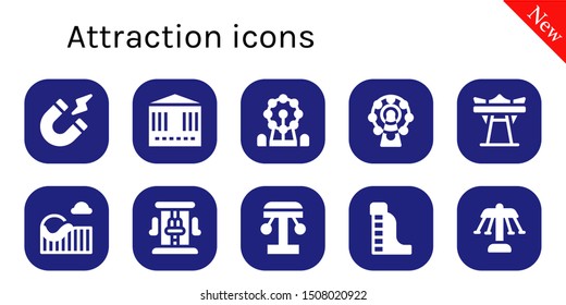 attraction icon set. 10 filled attraction icons.  Collection Of - Magnetism, Carousel, Ferris wheel, Giant swing, Roller coaster, Amusement park, Waterpark icons