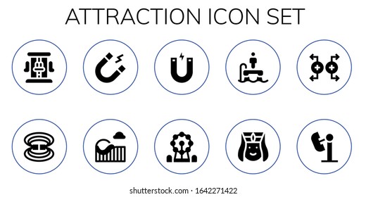 attraction icon set. 10 filled attraction icons. Included Roller coaster, Magnetic field, Magnet, Ferris wheel, Flyboard, Armenian, Amusement park icons