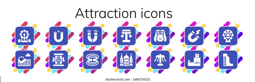 attraction icon set. 14 filled attraction icons. Included Ferris wheel, Roller coaster, Magnet, Magnets, Magnetic field, Amusement park, Saint paul, Armenian, Carousel, Magnetism icons