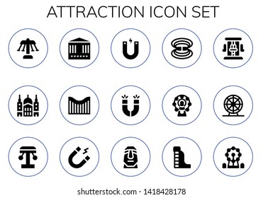 attraction icon set. 15 filled attraction icons.  Simple modern icons about  - Carousel, Saint paul, Roller coaster, Magnet, Magnets, Magnetic field, Ferris wheel, Amusement park