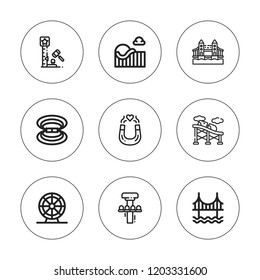 Attraction icon set. collection of 9 outline attraction icons with ferris wheel, golden gate, free fall, magnet, magnetic field, strength tester icons. editable icons.