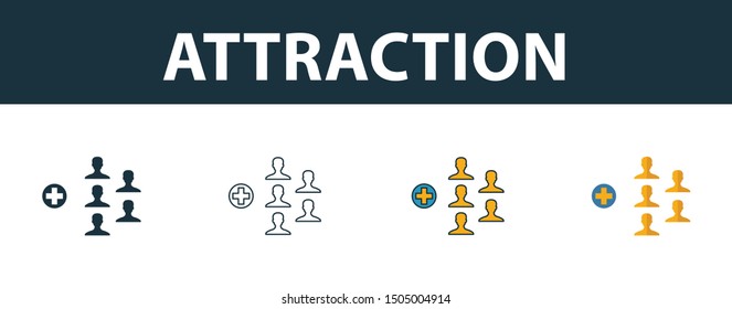 Attraction icon set. Four elements in diferent styles from smm icons collection. Creative attraction icons filled, outline, colored and flat symbols.