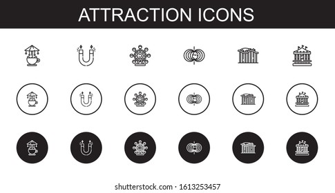 attraction icons set. Collection of attraction with carousel, magnet, ferris wheel, magnetic field, roller coaster. Editable and scalable attraction icons.