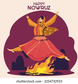 Attraction Illustration Iranian Woman Jumping from Fire for Happy Nowruz Celebration