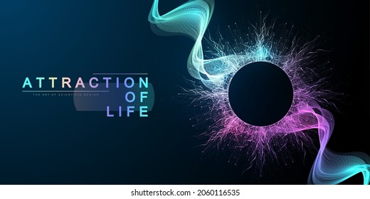 Attraction of life. Colorful abstract small particles and lines under high speed of motion. Circular explosion backdrop. Burst tech particles. Vector illustration