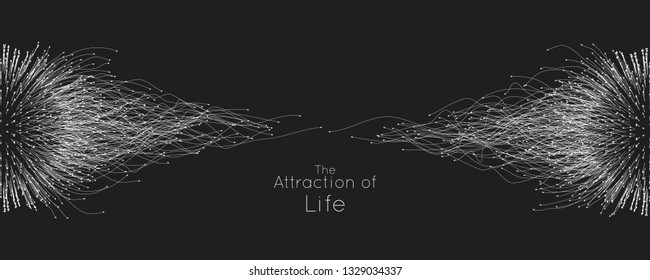 Attraction of life. Vector connecting particle tails. Small particles strive to each other. Blurred debrises into rays or lines under high speed of motion. Burst, explosion backdrop