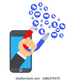 Attraction of likes in computer. Flat vector cartoon illustration. Objects isolated on white background