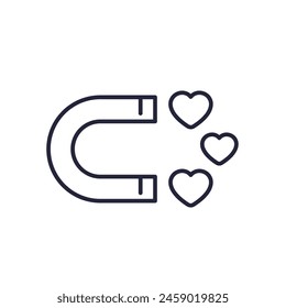 Attraction, magnet and hearts line icon on white