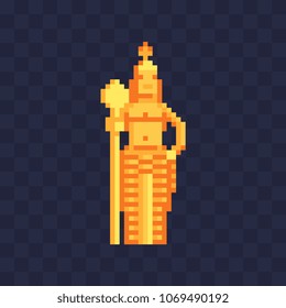 Attraction Malaysia Murugan statue of the Hindu god. Isolated vector illustration. 8-bit sprite. Design stickers, logo, mobile app.