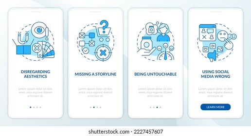 Attraction marketing mistakes blue onboarding mobile app screen. Walkthrough 4 steps editable graphic instructions with linear concepts. UI, UX, GUI template. Myriad Pro-Bold, Regular fonts used