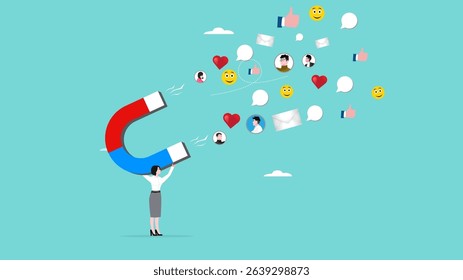 attraction marketing, strategy to result in making more sales, increasing interaction in digital marketing strategies, business woman carry large magnets to generate high content engagement