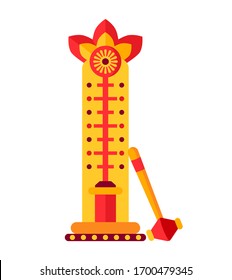 Attraction for measuring strength, test strength flat. Cartoon design strength tester. Power and strong entertainment. SummerAmusement park festivals outdoor fun. Vector Isolated illustration.