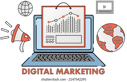 Attraction of new people and online promotion concept. Digital advertising and promoting in social media. Sharing ideas and solutions via Internet. Man works with marketing and data analytics