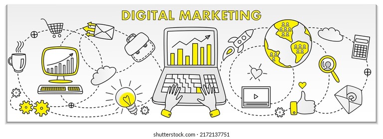 Attraction of new people and online promotion concept. Digital advertising and promoting in social media. Sharing ideas and solutions via Internet. Man works with marketing and data analytics