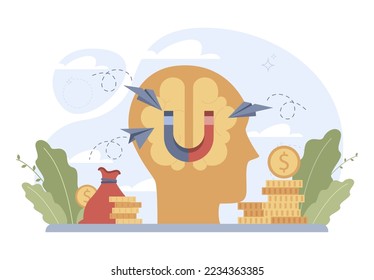 Attraction of potential customers. Marketing strategy for business developing and growing profit. Effect of online advertising and pr compamy. Flat vector illustration