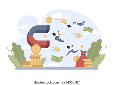 Attraction of potential customers. Marketing strategy for business developing and growing profit. Effect of online advertising and pr compamy. Flat vector illustration