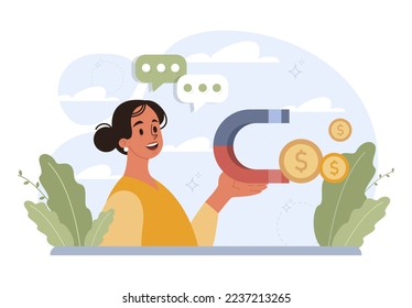 Attraction of potential customers. Marketing strategy for business developing and growing profit. Effect of online advertising and pr compamy. Flat vector illustration