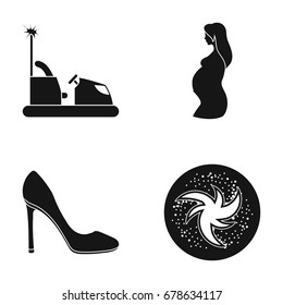 Attraction, pregnant woman and other web icon in black style. shoes, Galaxy icons in set collection.