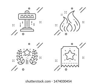 Attraction, Ranking and Fire energy line icons set. Loyalty ticket sign. Free fall, Laurel wreath, Flame. Bonus star. Technology set. Line attraction outline icon. Vector