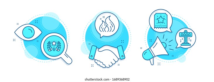 Attraction, Ranking and Fire energy line icons set. Handshake deal, research and promotion complex icons. Loyalty ticket sign. Free fall, Laurel wreath, Flame. Bonus star. Technology set. Vector