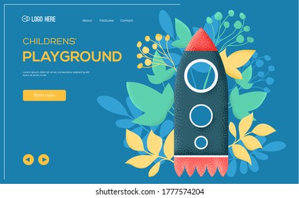 Attraction rocket concept flyer, web banner, ui header, enter site. Thin line icon style concept design. Grain texture and noise effect. 