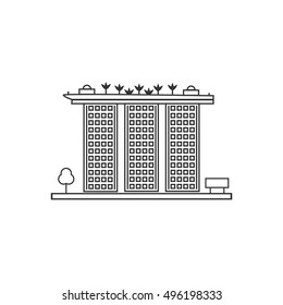 Attraction of Singapore icon in flat line style. Famous singaporean hotel building symbol for web and graphic design. Concept of skyscraper on white isolated background. Vector illustration.