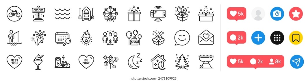 Attraction, Sleep and Love letter line icons pack. Social media icons. Buying process, Cake, Be mine web icon. Moon, Creativity, Ice cream pictogram. Calendar, Grill, Boat. Vector