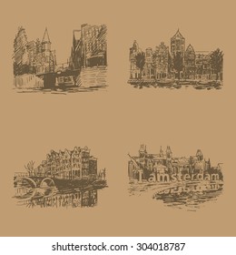 Attractions of Amsterdam. Vector sketch. Sepia