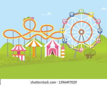 Attractions at amusement park vector, carousel and ferris wheel with cabins. Enjoyment on nature, greenery with bushes and lawns, construction for fun