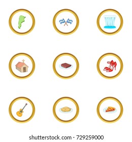 Attractions of Argentina icons set. Cartoon style set of 9 attractions of Argentina vector icons for web design