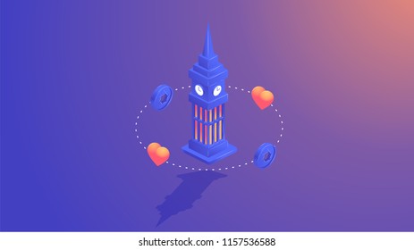 Attractions augmented reality app, virtual travel guide. vector isometric tourism concept