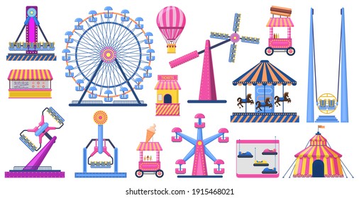 Attractions festive park. Amusement park attractions, ferris wheel, circus tent. Carnival entertainment park vector illustration set. Shooting range ice, cream stall, circus tent outdoor