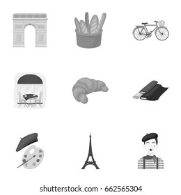 Attractions in France. Things to learn about France. France country icon in set collection on monochrome style vector symbol stock illustration.