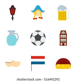 Attractions of Holland icons set. Flat illustration of 9 attractions of Holland vector icons for web