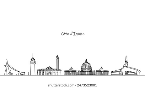 Attractions Ivory Coast or Côte d'Ivoire. Historical and religious architecture of the African state. Vector illustration.