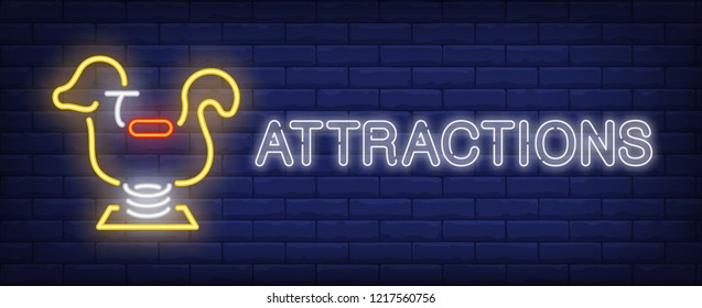 Attractions neon sign. Glowing inscription with toy horse figure on dark blue brick background. Can be used for entertainment, attractions, night advertisement