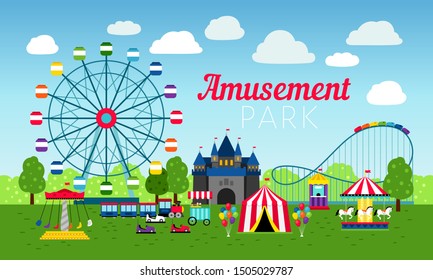 Attractions park design, vector illustration. Amusement entertainment park colorful background with fun roller ride, carnival games, rollercoaster and cartoon circus tents