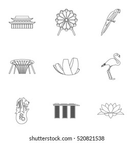 Attractions of Singapore icons set. Outline illustration of 9 attractions of Singapore vector icons for web