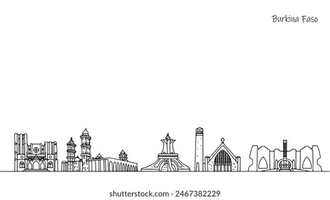 Attractions that attract tourists in the country of Burkina Faso. Beautiful architecture drawn with lines. Illustration on the theme of tourism and travel. Vector.