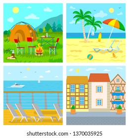 Attractions for tourists in summer set vector, camping tent and bonfire. Summertime beach with hot sand, cafe by seascape. Old city street with buildings