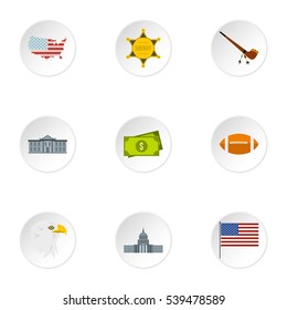 Attractions of USA icons set. Flat illustration of 9 attractions of USA vector icons for web