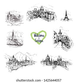 Attractions of the world. Freehand drawing. Vector illustration.Drawing Europe travel set. Prague.Venice.Italy.Copenhagen.Tourism