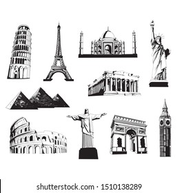 Attractions of the world. Freehand drawing. Vector illustration. Isolated on white background