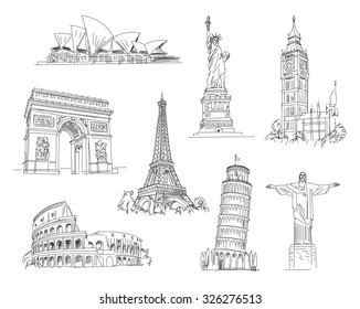 Attractions of the world. Freehand drawing. Vector illustration. Isolated on white background