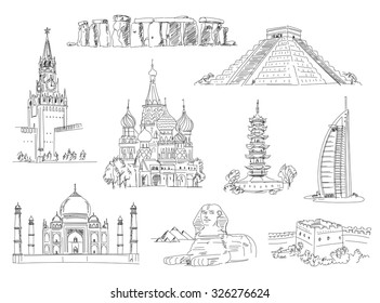 Attractions of the world. Freehand drawing. Vector illustration. Isolated on white background