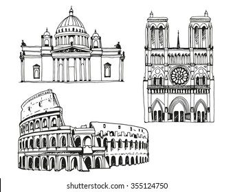 Attractions of the world. Saint Isaac's Cathedral in Russia, Notre Dame de Paris Cathedral in France, Coliseum in Italy. Vector illustration isolated on white background