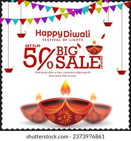 Attractive 50% discount big sale ad banner design for Diwali festival celebration.